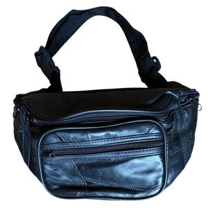 PATCHWORK GENUINE LEATHER BLACK FANNY PACK ADJUSTABLE WAISTBAND ZIP POCKETS